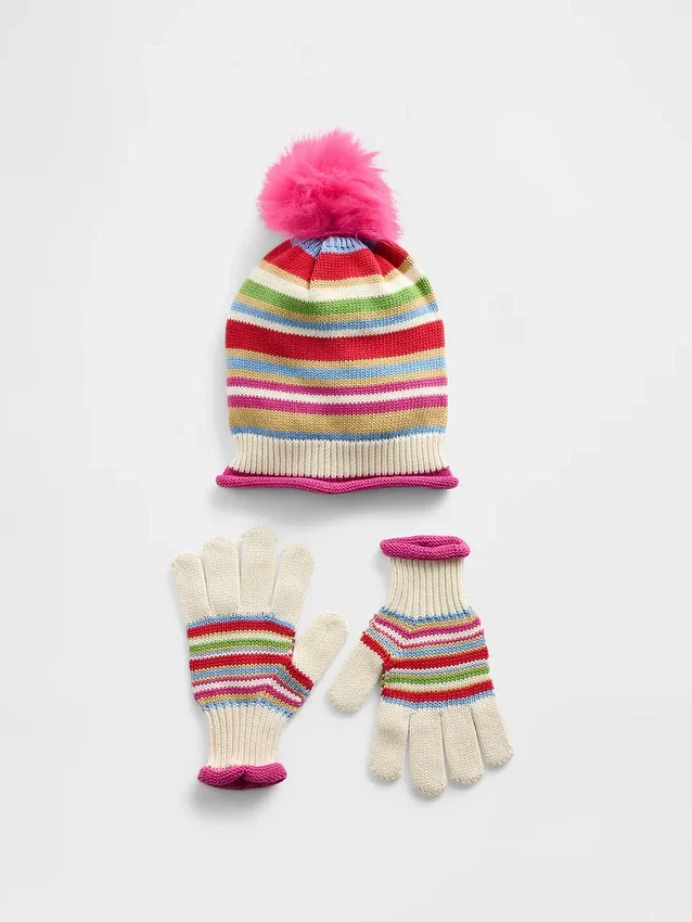Sett med hat med pompon og hansker for barn