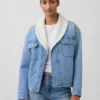 Sherpa-fôret denimjakke med sjalhals