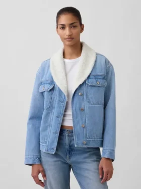 Sherpa-fôret denimjakke med sjalhals