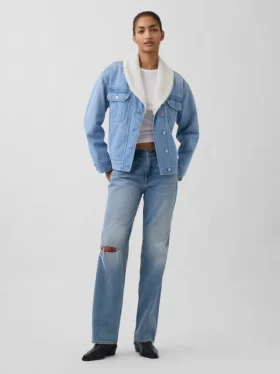 Sherpa-fôret denimjakke med sjalhals