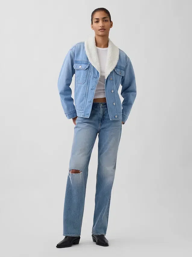 Sherpa-fôret denimjakke med sjalhals