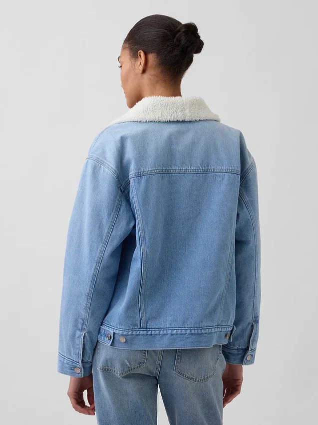 Sherpa-fôret denimjakke med sjalhals