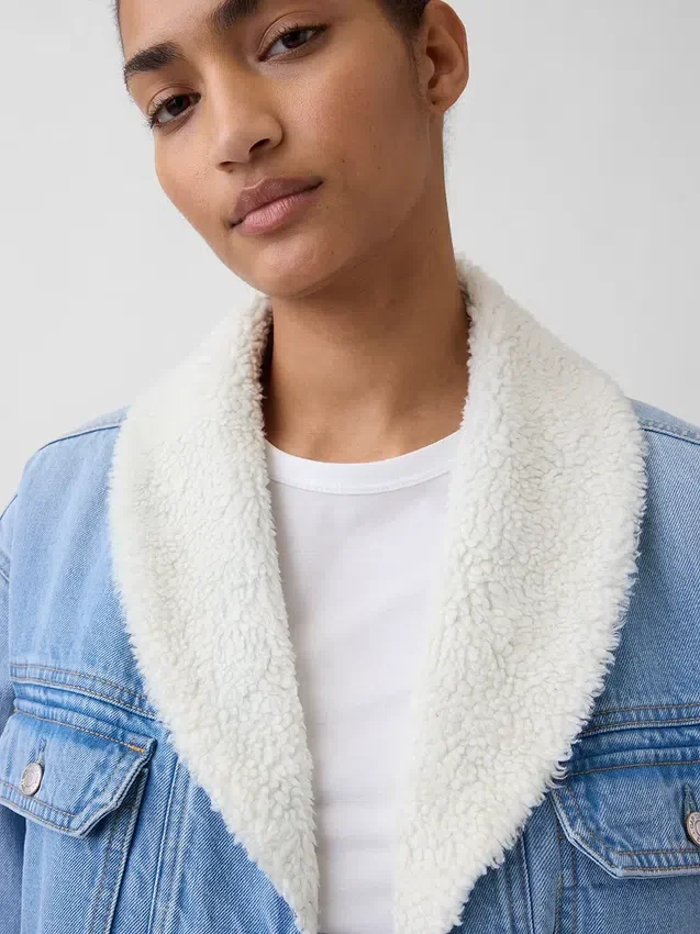 Sherpa-fôret denimjakke med sjalhals