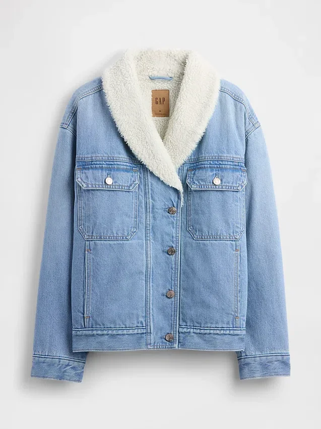Sherpa-fôret denimjakke med sjalhals
