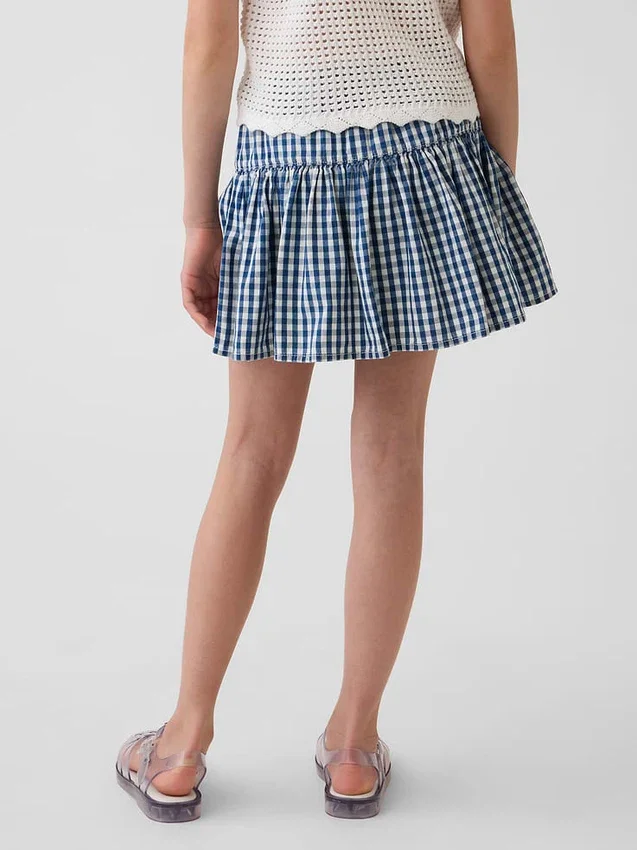 Skort i gingham-denim med lagdelte kanter for barn