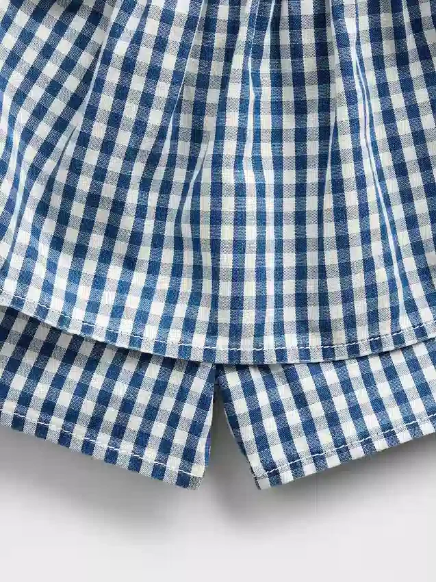 Skort i gingham-denim med lagdelte kanter for barn