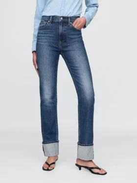 Slim straight-Jeans med høy midje og oppbrettede bukseben i 90-tallsstil