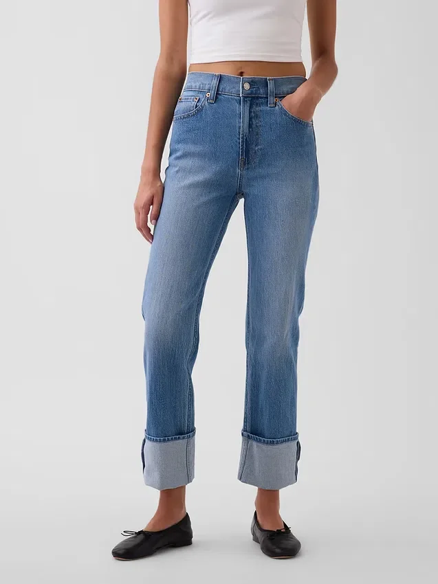 Slim straight-Jeans med høy midje og oppbrettede bukseben i 90-tallsstil