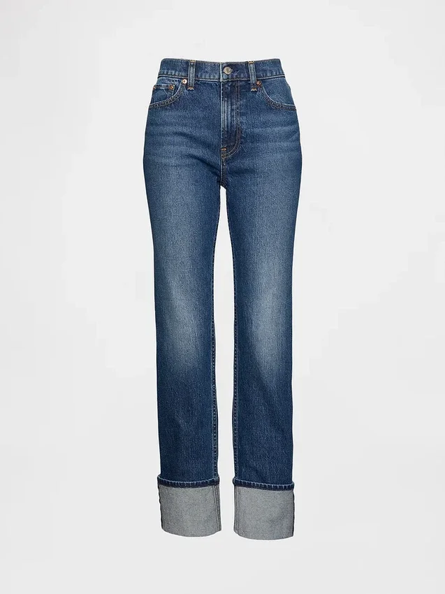 Slim straight-Jeans med høy midje og oppbrettede bukseben i 90-tallsstil