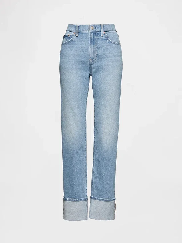 Slim straight-Jeans med høy midje og oppbrettede bukseben i 90-tallsstil