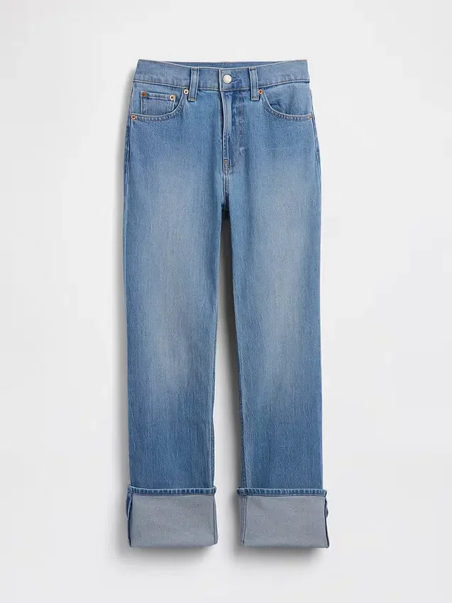 Slim straight-Jeans med høy midje og oppbrettede bukseben i 90-tallsstil