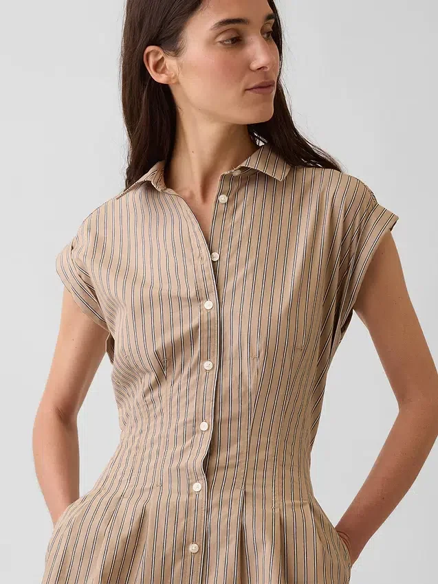 Stripet miniskjortekjole i poplin med innsvingt midje