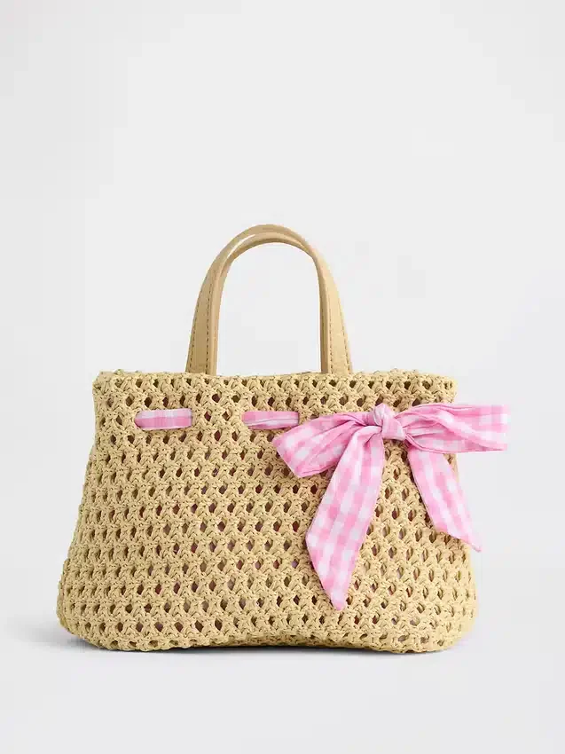 Stråveske med sløyfe i gingham for småbarn