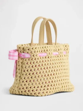 Stråveske med sløyfe i gingham for småbarn