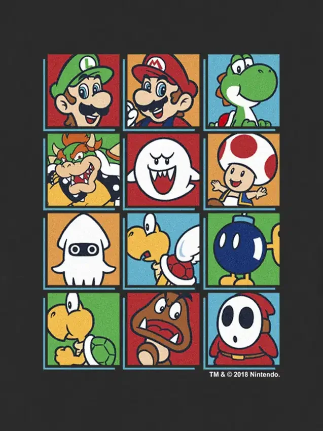 T-skjorte med grafikk av Nintendo-figurer i eske for småbarn