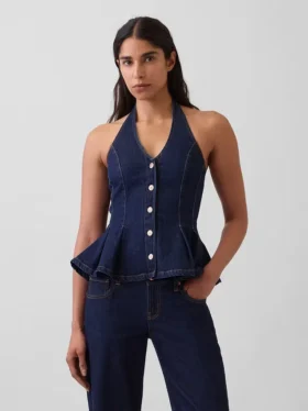 Tettsittende denim-top med halterneck og peplum
