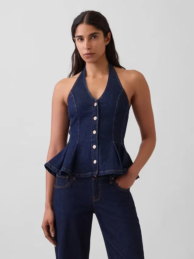 Tettsittende denim-top med halterneck og peplum