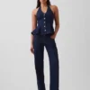 Tettsittende denim-top med halterneck og peplum