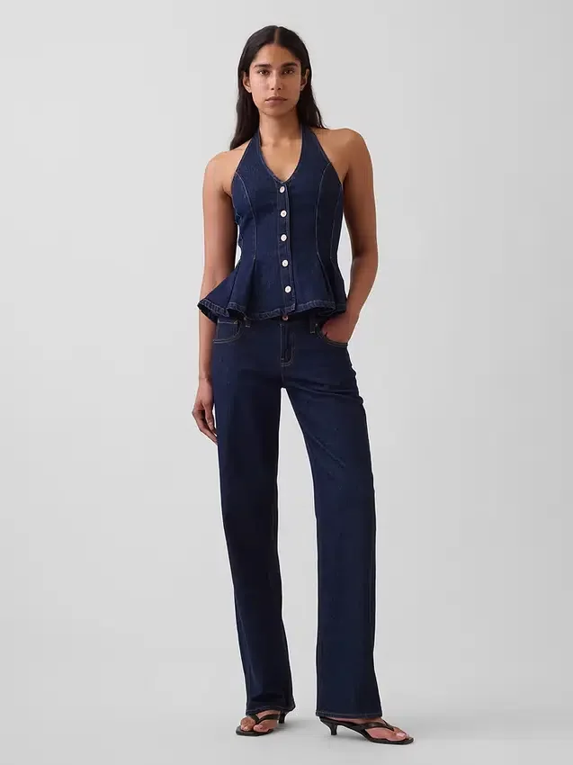 Tettsittende denim-top med halterneck og peplum