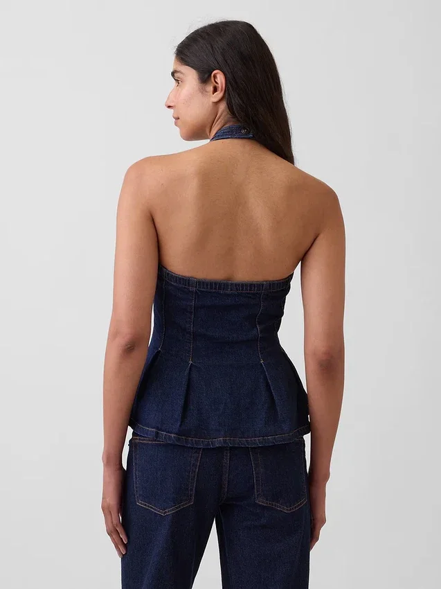 Tettsittende denim-top med halterneck og peplum