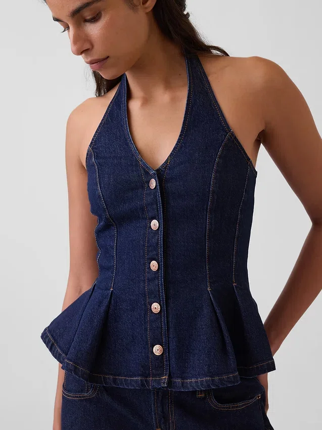 Tettsittende denim-top med halterneck og peplum