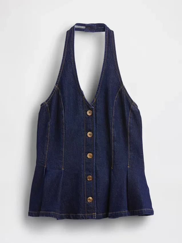 Tettsittende denim-top med halterneck og peplum