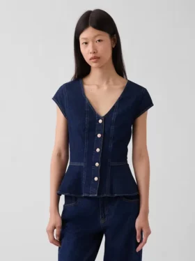 Tettsittende denim-top med kappeerm og peplum