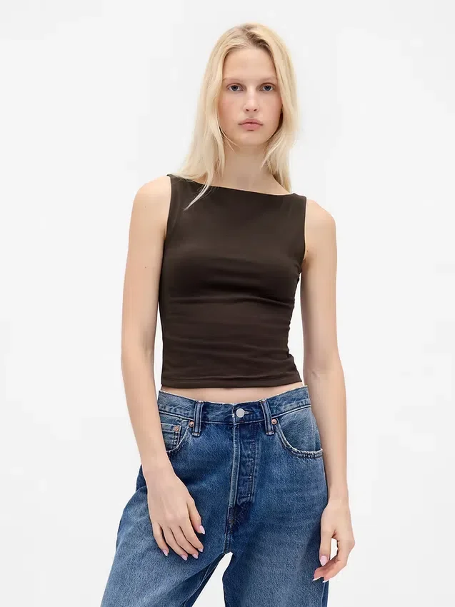 Tettsittende jersey-tanktop med båthals og kort snitt