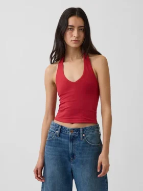 Tettstrikket halterneck-kort topp