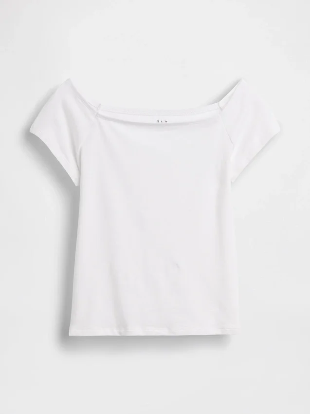 Tettstrikket jersey-T-skjorte med avdekkede skuldre og kort snitt