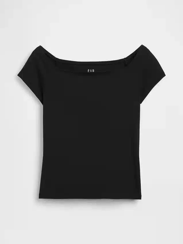 Tettstrikket jersey-T-skjorte med avdekkede skuldre og kort snitt