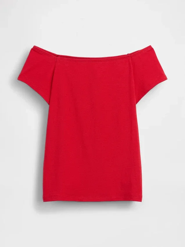 Tettstrikket jersey-T-skjorte med avdekkede skuldre og kort snitt