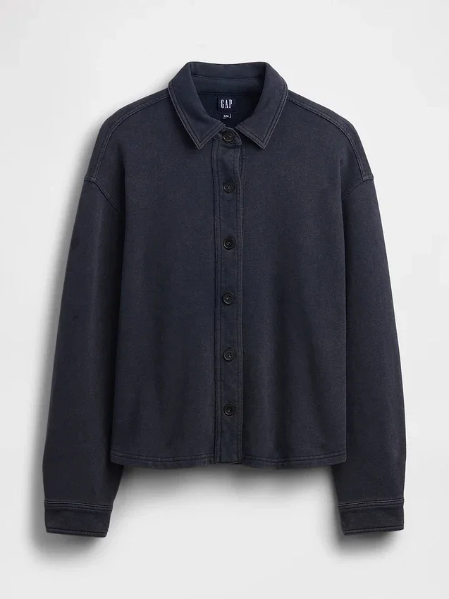 Tung French Terry-skjorte i oversized-passform med knapper foran