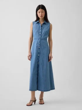 Ultramyk denim-maxi-skjortekjole