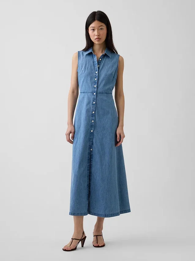 Ultramyk denim-maxi-skjortekjole