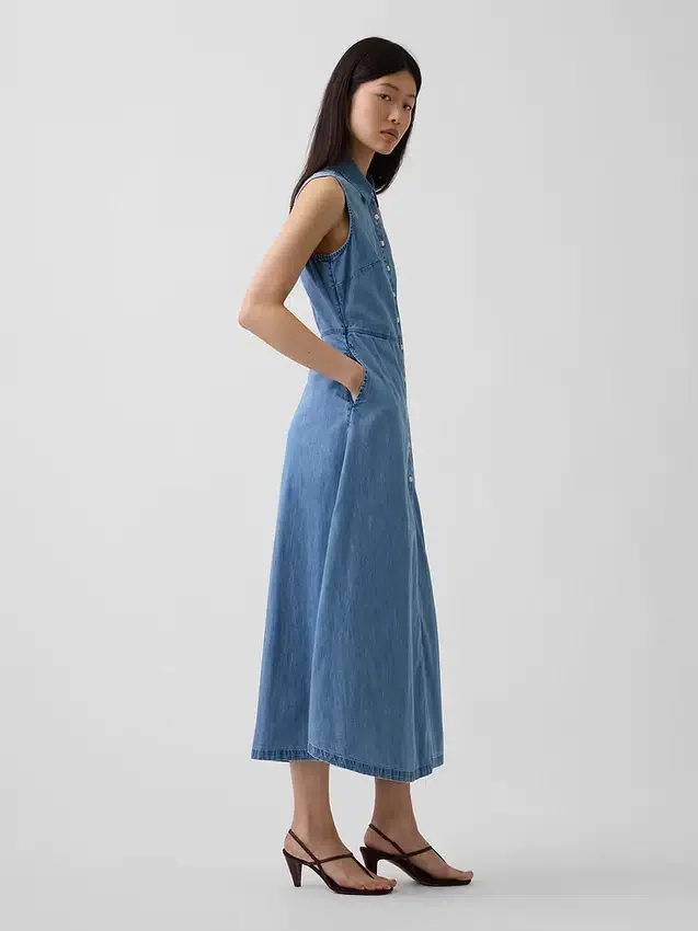 Ultramyk denim-maxi-skjortekjole