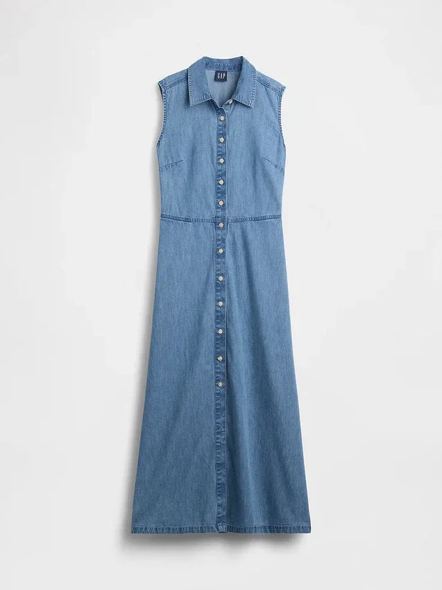 Ultramyk denim-maxi-skjortekjole