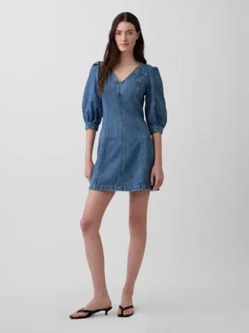Ultramykt minikjole i denim med puffede ermer