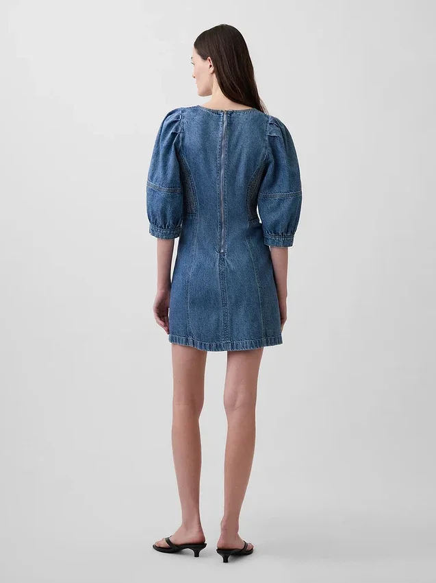 Ultramykt minikjole i denim med puffede ermer