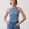 Ultramykt topper i denim med søm og firkantet hals