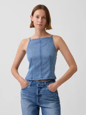 Ultramykt topper i denim med søm og firkantet hals