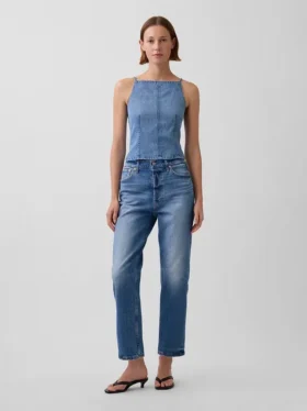 Ultramykt topper i denim med søm og firkantet hals