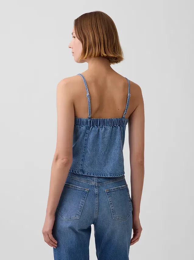 Ultramykt topper i denim med søm og firkantet hals