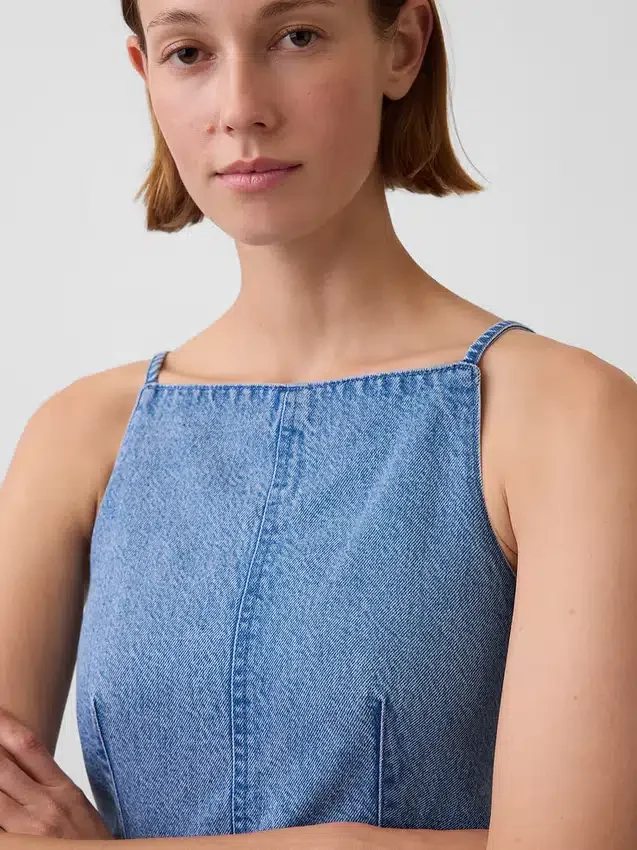 Ultramykt topper i denim med søm og firkantet hals