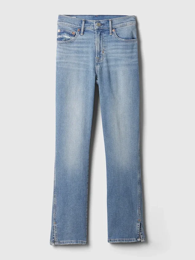 Vintage-jeans med middels høy midje, smal passform og splittet kant