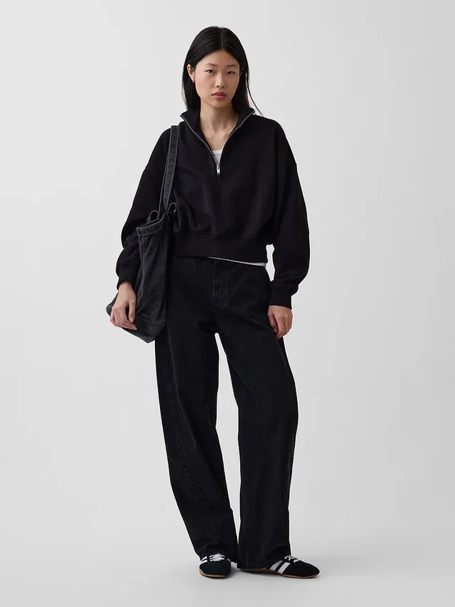 Vintagesoft oversized genser med halv glidelås og kileformet hals