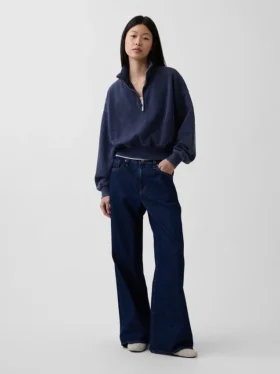Vintagesoft oversized genser med halv glidelås og kileformet hals