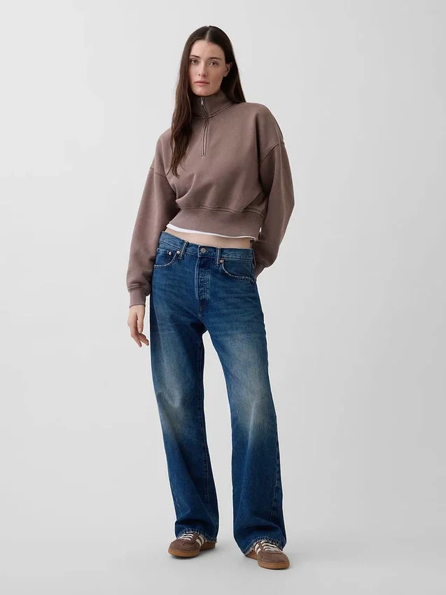 Vintagesoft oversized genser med halv glidelås og kileformet hals