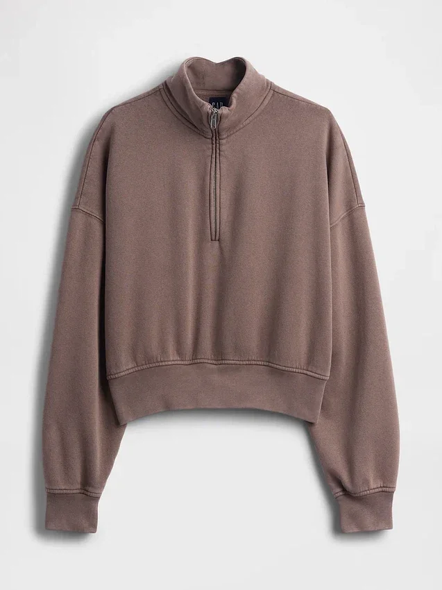 Vintagesoft oversized genser med halv glidelås og kileformet hals