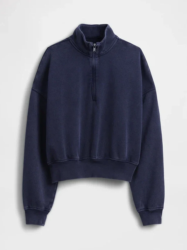Vintagesoft oversized genser med halv glidelås og kileformet hals